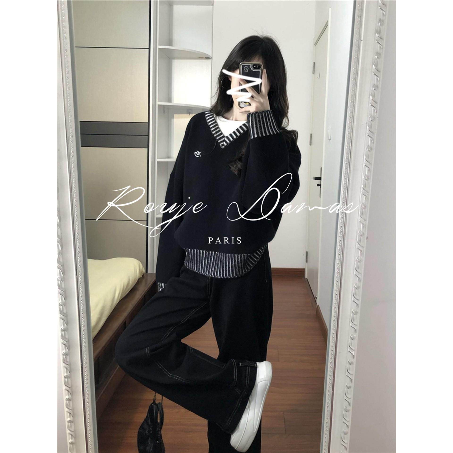 Rouje Damas法式小众条纹边V领毛衣女覆古慵懒高级感宽松针织上衣,淘宝优惠券,粉丝福利购,淘宝优惠卷