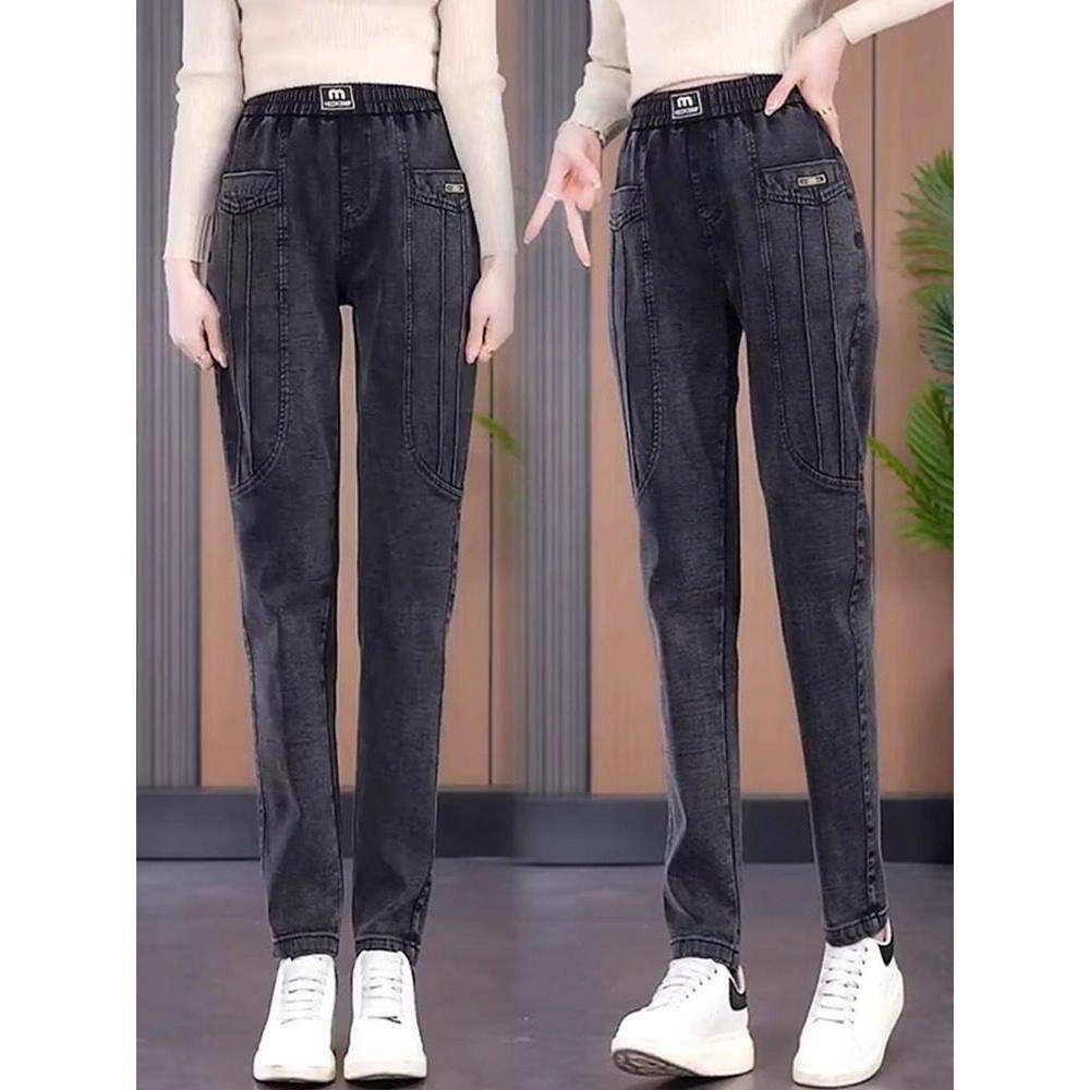 黑灰色牛仔裤女士2025年春秋季新款高腰加绒加厚时尚哈伦小脚裤子,淘宝优惠券,粉丝福利购,淘宝优惠卷