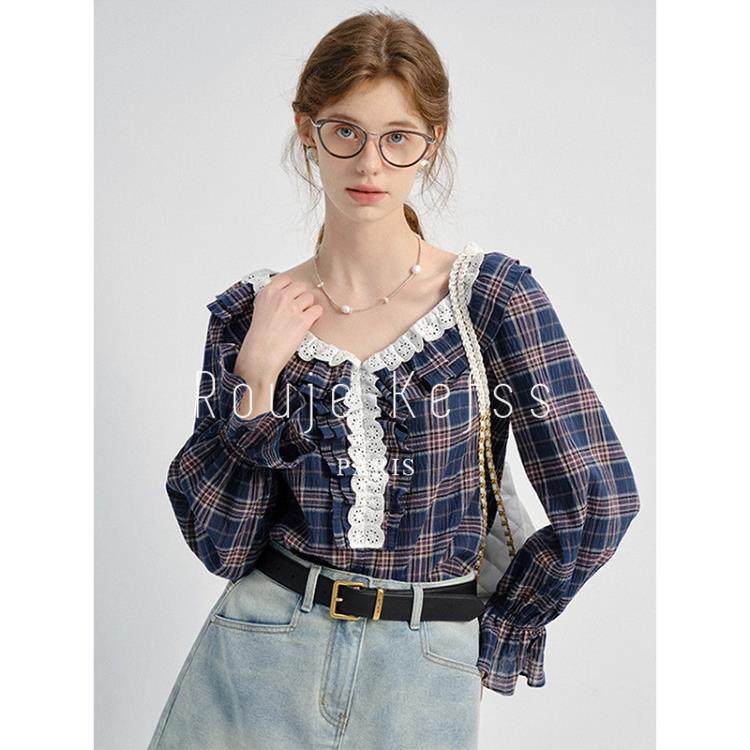 rouje kefss法式格子V领蕾丝花边衬衫女秋季覆古荷叶边灯笼袖上衣,淘宝优惠券,粉丝福利购,淘宝优惠卷