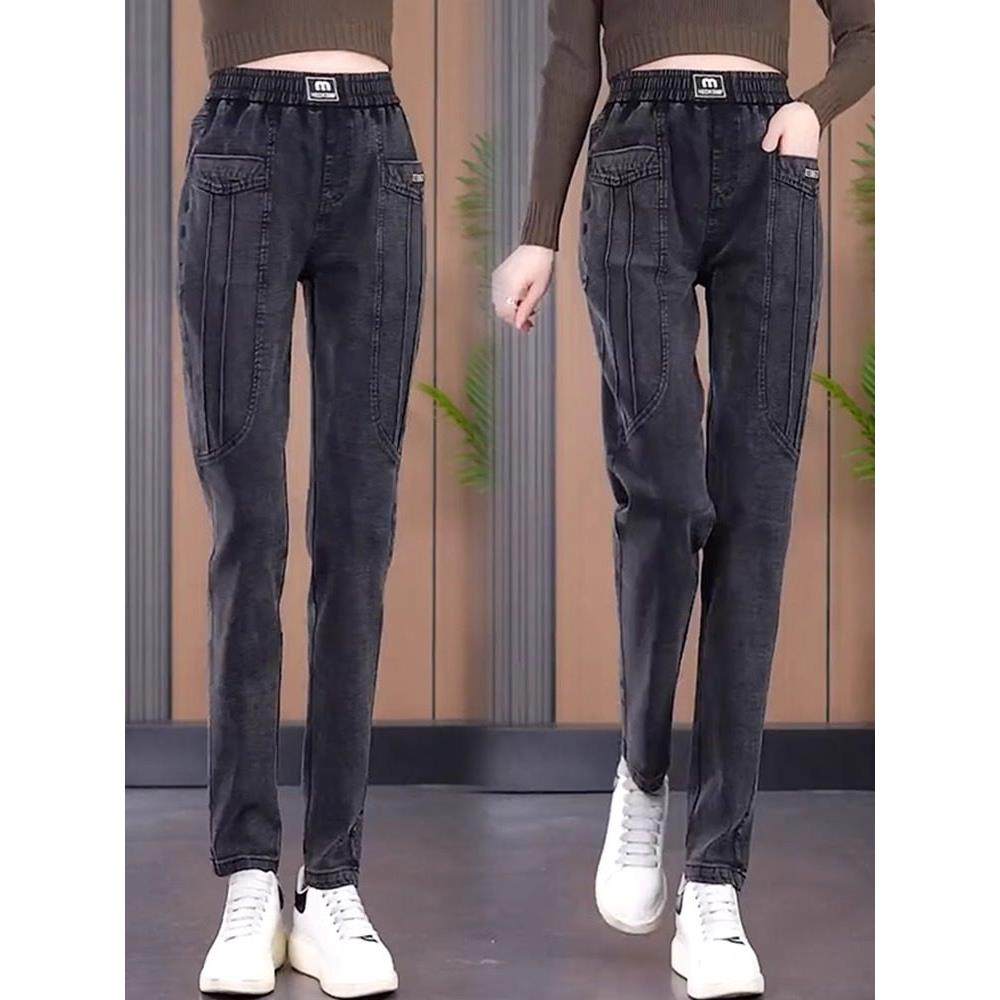 黑灰色牛仔裤女士2025年春秋季新款高腰加绒加厚时尚哈伦小脚裤子,淘宝优惠券,粉丝福利购,淘宝优惠卷