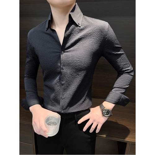 轻奢泡泡纱纯色衬衫男士秋季新款大领商务休闲修身薄款透气高级感 - 图0