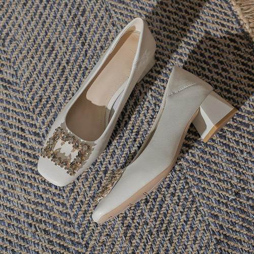 新款强推！通勤百搭真皮粗跟气质法式瓢鞋职业鞋裸色高跟鞋单鞋女 - 图2