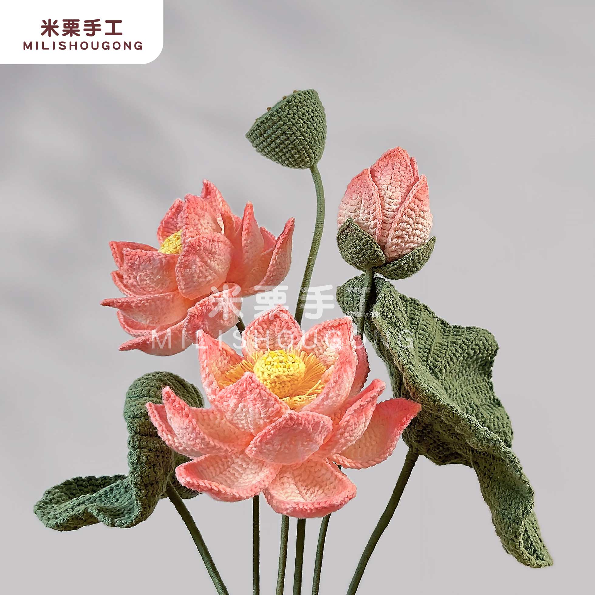 非成品/荷花/手工diy毛线钩织编织材料包/好运连连永生花束摆件-图0