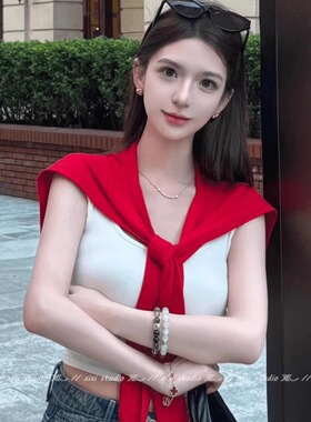 港风红色针织外搭披肩香港旅游