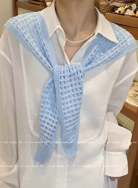 韩系简约浅蓝色镂空针织披肩女
