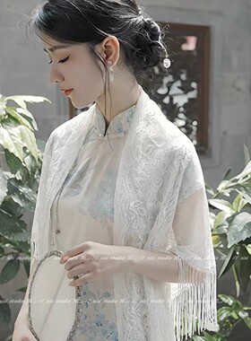新中式白色流苏蕾丝披肩女气质