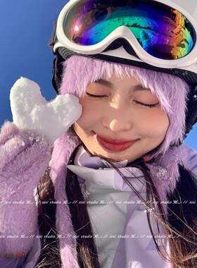 韩系紫色毛绒露指手套可触屏女