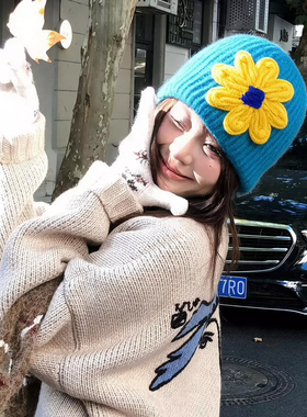 元气蓝色立体花朵护耳包头帽女