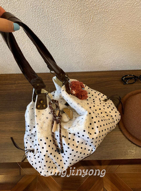 复古波点蕾丝边帆布托特包女慵懒