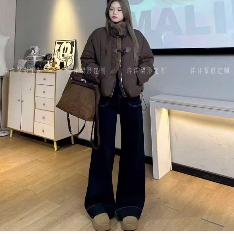 1001#梨形身材胖mm大码阔腿裤加长牛仔裤宽松显瘦直筒拖地长裤