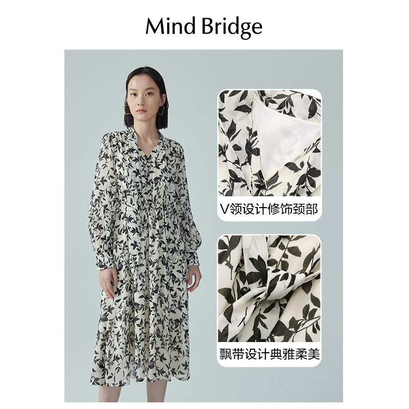 MB MindBridge百家好夏季收腰显瘦印花连衣裙女气质复古碎花长裙 - 图1