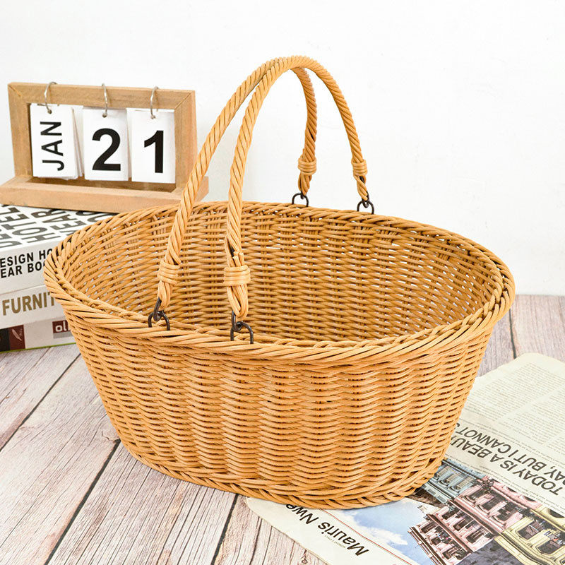 仿藤手工编织收纳篮户外水果采摘手提篮铁线圈加固收纳藤编野餐篮,淘宝优惠券,粉丝福利购,淘宝优惠卷