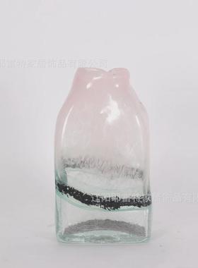 吹制玻璃花瓶创意北欧粉色透明水炸纹插花器水培器皿扁口小清新