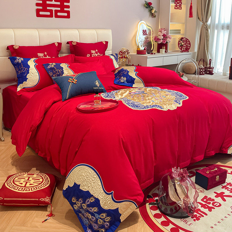 新中式婚庆160支长绒棉四件套红色被套结婚陪嫁全棉床单床上用品4,淘宝优惠券,粉丝福利购,淘宝优惠卷