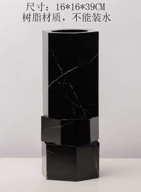 轻奢极简树脂大理石纹六边形花器软装样板房酒店螺纹花瓶家居饰品