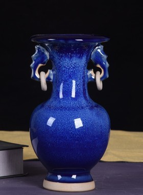 客厅小花瓶摆件复古双耳瓷瓶钧瓷玄关装饰品陶瓷器古董工艺品花瓶