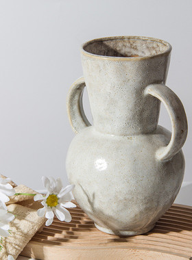 乐梦 侘寂风陶瓷花瓶双耳大口径花插花器酒店民宿手工艺术品装饰