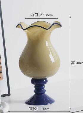 法式复古玻璃花瓶高脚铃兰风灯花瓶中古琉璃高级手工花器插花摆件