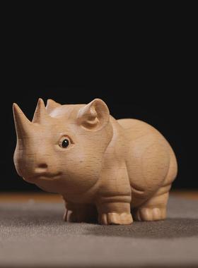 榉木雕刻非洲三宝动物大象犀牛河马文玩手把件家居汽车办公室摆件
