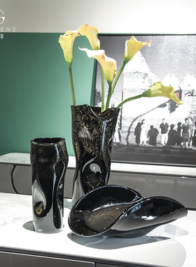 热销晶淳洒黑色金箔不规则抽象造型花瓶果盘套装现代风餐厅软装饰