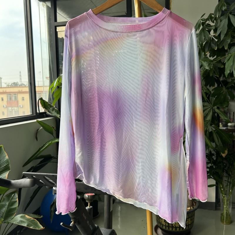 新款运动网纱上衣瑜伽服防晒显瘦速干罩衫健身衣长袖复古扎染透气 - 图3