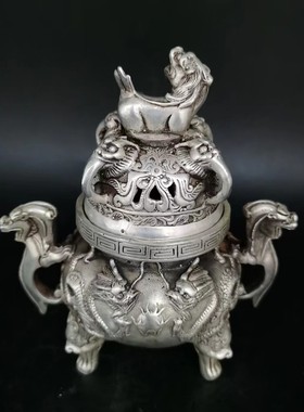 复古仿古铜香炉三足狮头双龙戏珠香炉摆件做工精致形制端正