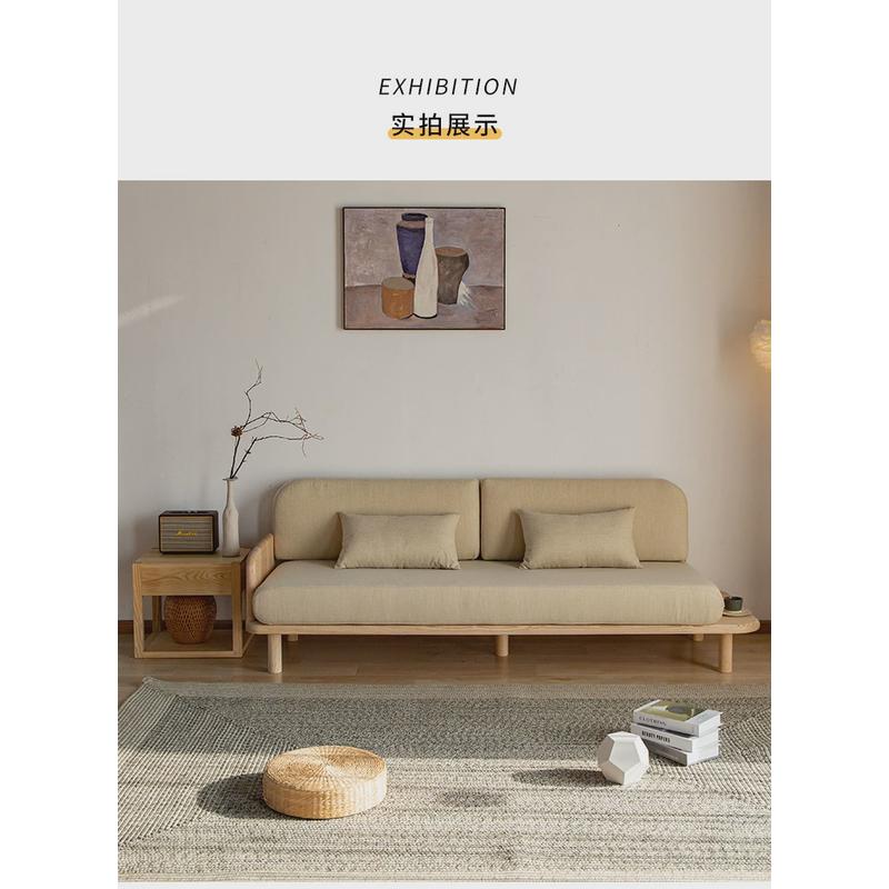 侘寂三人位实木沙发小户型原木日式简约奶油风客厅风组合布艺 - 图0
