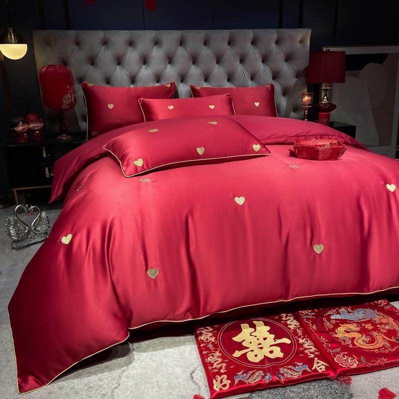 大红色刺绣100支婚庆床上四件套简约喜庆结婚新婚喜被婚房床笠款,淘宝优惠券,粉丝福利购,淘宝优惠卷