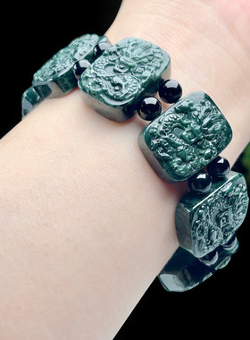 翡翠龙牌手链正品天然A货墨绿玉龙生肖手牌男士玉石手饰九龙手串