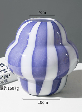 复古中古风拼色条纹大圆肚玻璃花器手工艺术装饰花瓶插花摆件ins