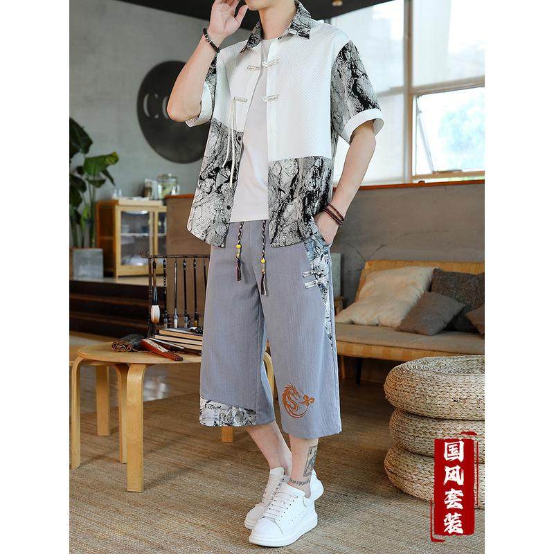 中国风衬衣男士夏季套装大码薄款新中式国潮拼色衬衫两件套男,淘宝优惠券,粉丝福利购,淘宝优惠卷