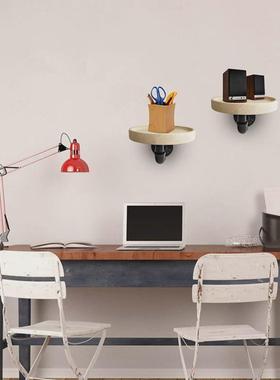 墙壁悬挂式客厅卧室绿萝橡木简圆形铁艺挂架装饰窄隔板收纳置物架