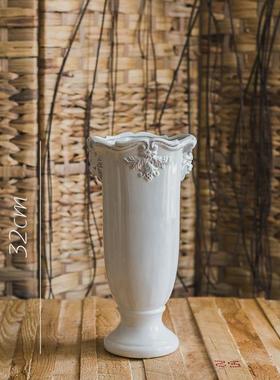 法式经典柱盆花器花盆陶瓷花瓶釉下彩装饰摆件复古白瓷