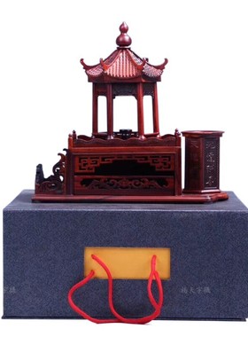 酸枝木大红聚缘六角亭笔筒木质工艺品家居摆件送礼佳品