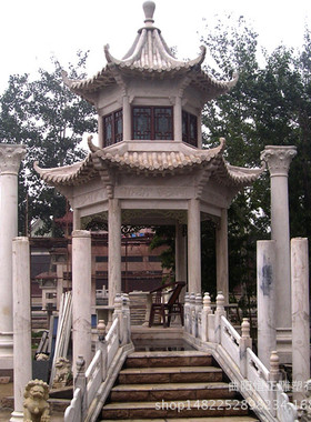 户外景观庭院石雕凉亭六角双层中式庭院凉亭摆件六角景观凉亭雕塑