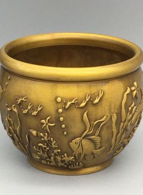 古玩杂项工艺品杂件铜器旧做收藏黄铜小鱼缸家居客厅装饰品