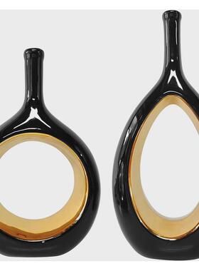 现代极简几何陶瓷花瓶镀金光泽釉面花瓶装饰甜甜圈