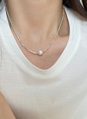碎银子珍珠项链女925纯银日韩简约轻奢时髦不规则切割毛衣链N1206