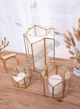 欧美森林系自然风复古铜色几何玻璃花房手提风灯烛台婚礼花器a61