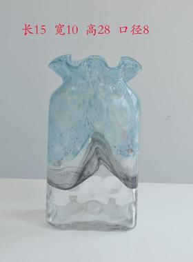 现代简约天蓝色花白水墨花瓶波纹方形插花器手工厚重创意家居装饰