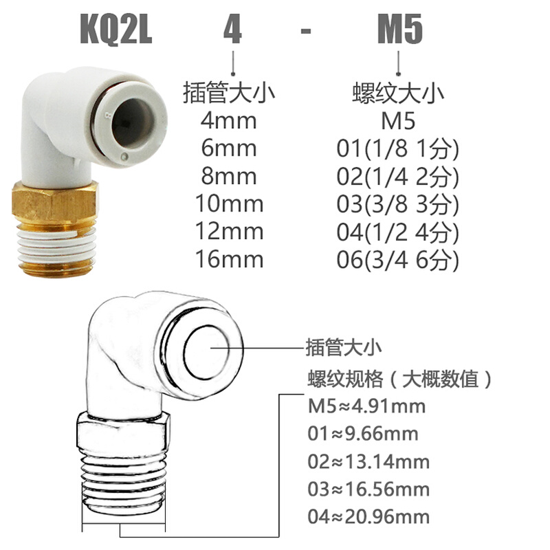 SMC型气动外螺纹弯头快速快插KQ2L气管接头PL6 8 10 12-01 2 3 4S