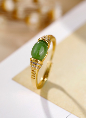 S925纯银镀金镶和田碧玉戒指精致简约古风个性潮流一件女新中式