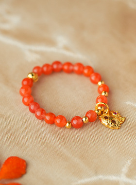 S925银南红串珠招财狐狸面具戒指轻奢高级感小众设计食指戒指环