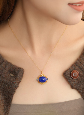 荟宝丽S925银镀金天然青金石蛋面吊坠优雅气质高级感项饰宫廷风