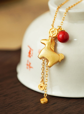 S925银复古新中式小马铜钱流苏项链马上有钱花吊坠时尚百搭颈链