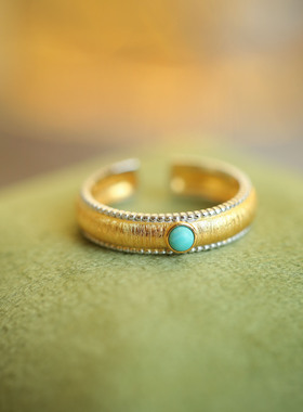 S925纯银镀金镶嵌绿松戒指拉丝精致开口复古高级百搭时尚饰品