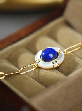 S925纯银镀金镶嵌青金石白贝母手链锁链设计精致复古中古潮流女