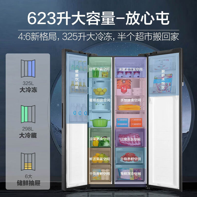 海尔623升大冷冻一级变频对开门超大容量双重除菌全空间保鲜冰箱
