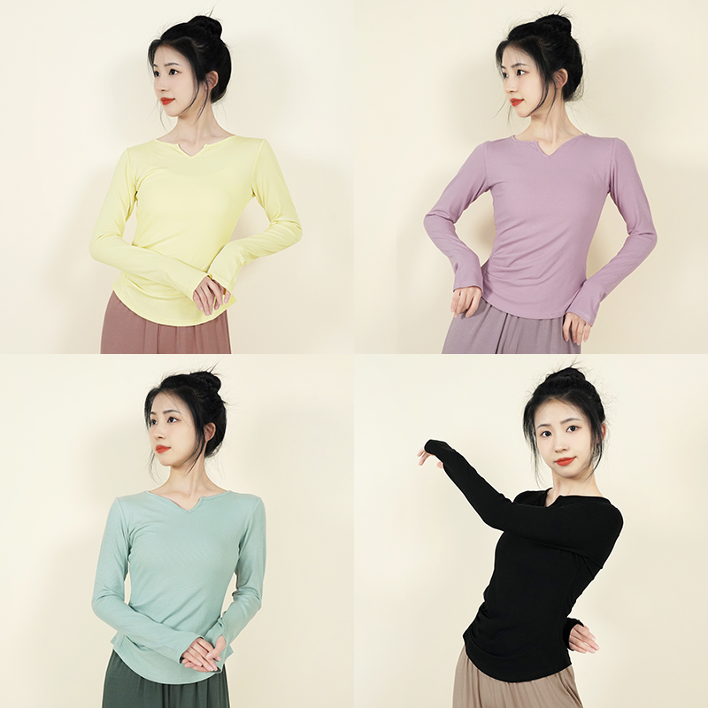 成人舞蹈服女修身显瘦现代舞上衣短袖套指古典练习服中国舞形体服 - 图2