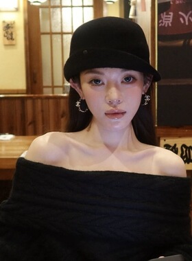 3分月光 韩国博主同款黑色羊毛礼帽女秋冬显脸小渔夫帽百搭盆帽